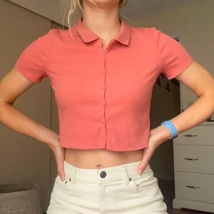 UO peach button up baby tee polo